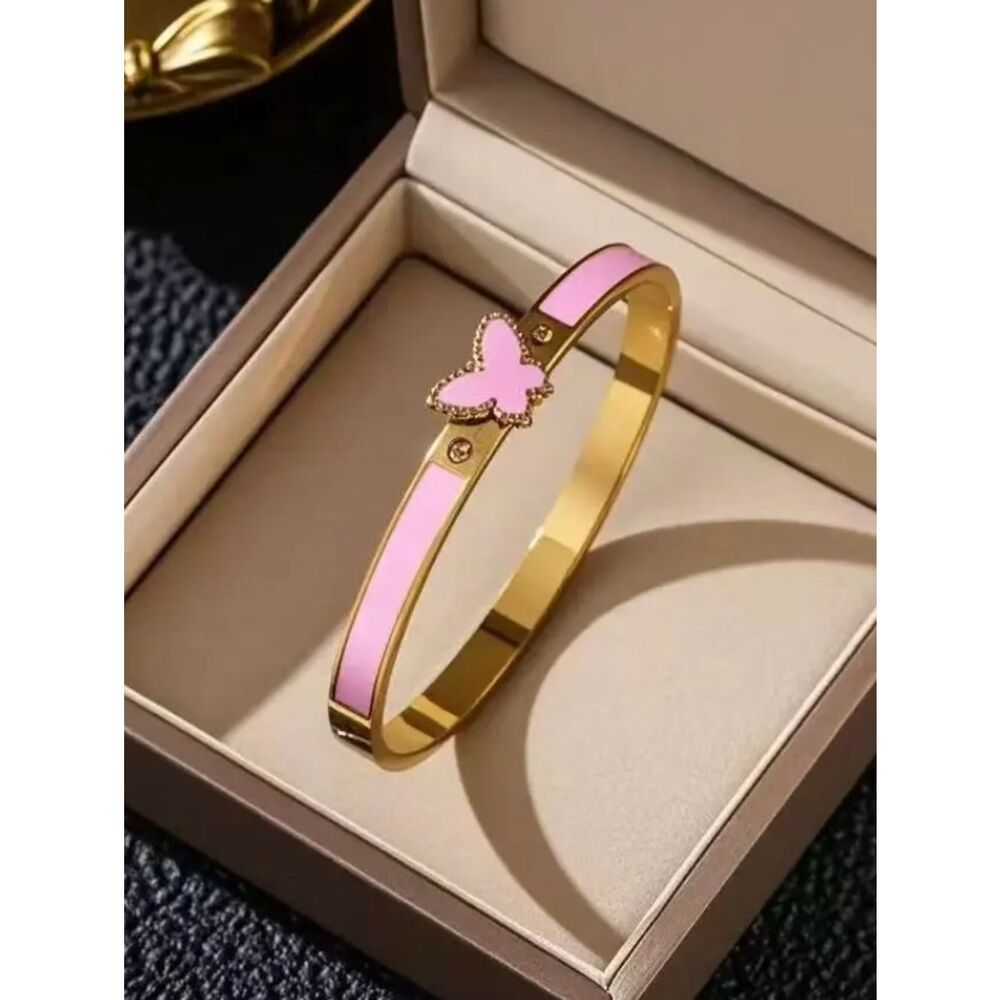 18K Gold Plated Pink Butterfly Bangle Bracelet